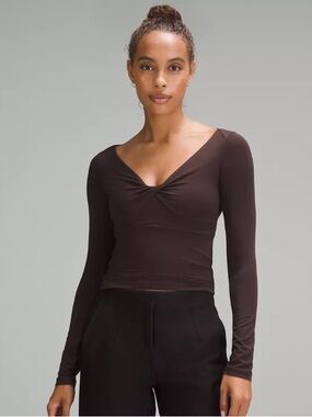 Lululemon Modal-Silk Blend V-neck Long Sleeve Espresso Shirt. Size: Medium